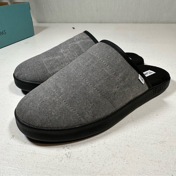Toms Slippers Mens 7 Harbor Black Distressed Twill Slip On Mules Hard Sole - Picture 13 of 13